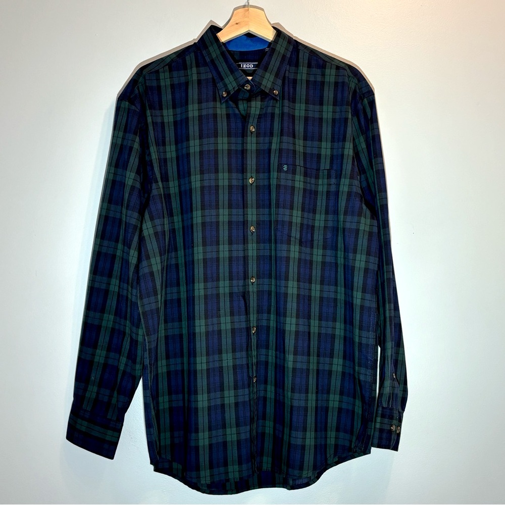 Izod Black Watch Plaid Button Down Shirt Size L
